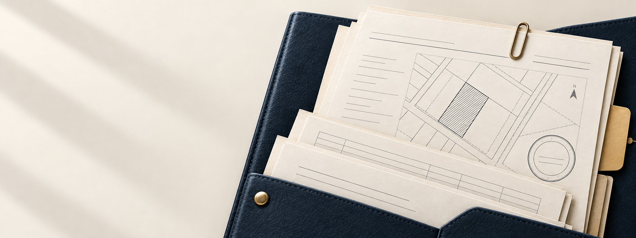 Detalhe de um dossiê com documentos, planta do imóvel e aba de protocolo